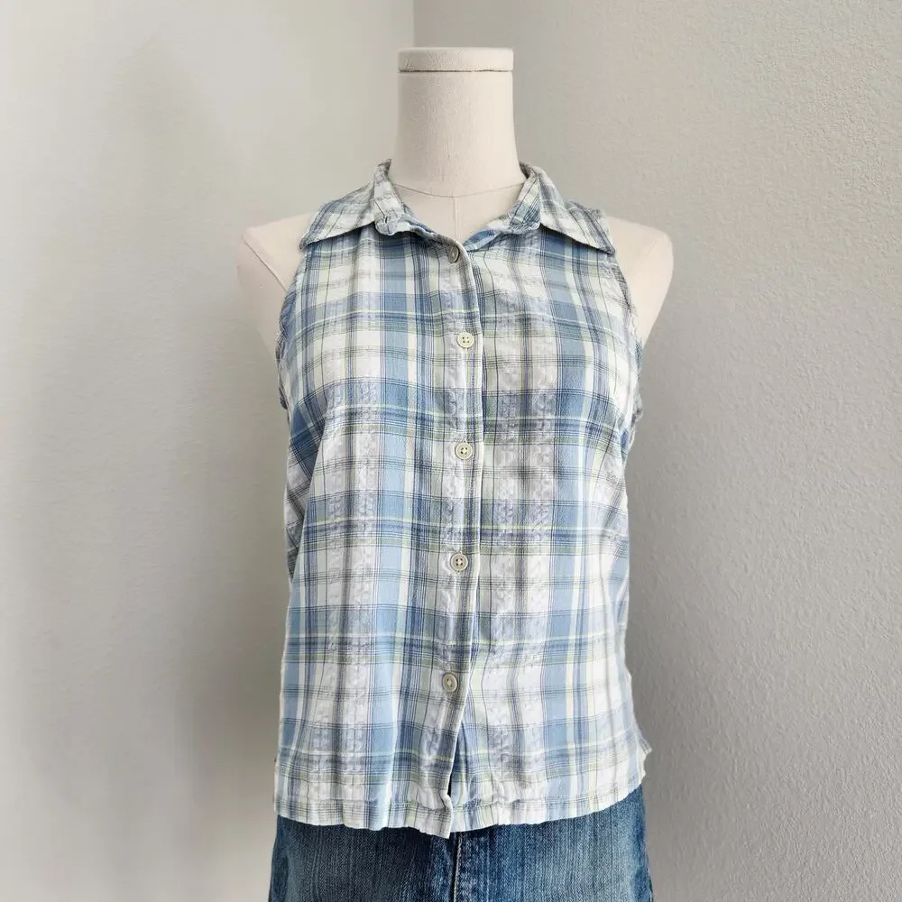 Vintage Y2K Faded Glory Blue White Plaid Sleeveless Button Down Top S Cottage - Picture 2 of 9
